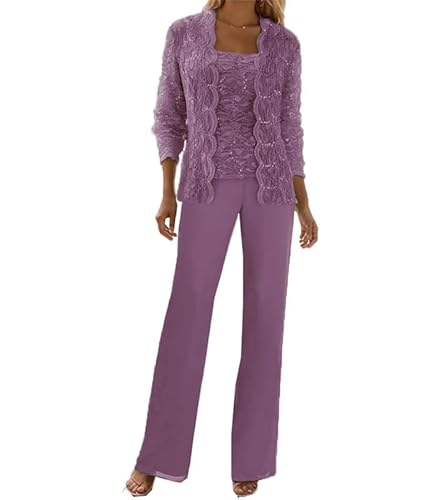 JIIL Langarm Spitzen Hosenanzüg für Damen Elegant 3-teilig Chiffon Brautmutter Hosenanzug mit Jacke Helllila 44 von JIIL