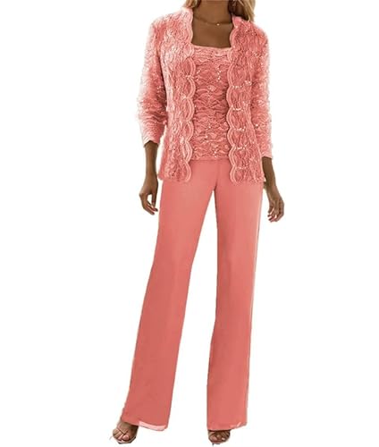 JIIL Langarm Spitzen Hosenanzüg für Damen Elegant 3-teilig Chiffon Brautmutter Hosenanzug mit Jacke Koralle 40 von JIIL