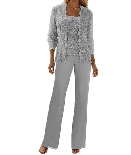 JIIL Langarm Spitzen Hosenanzüg für Damen Elegant 3-teilig Chiffon Brautmutter Hosenanzug mit Jacke Silbergrau 42 von JIIL
