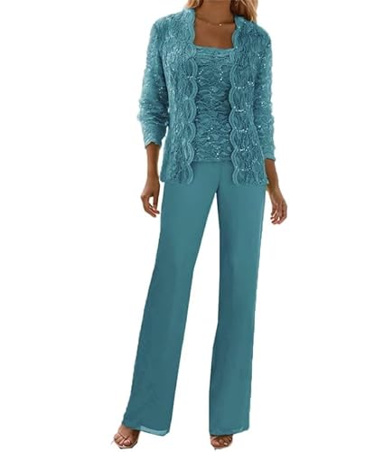 JIIL Langarm Spitzen Hosenanzüg für Damen Elegant 3-teilig Chiffon Brautmutter Hosenanzug mit Jacke Türkis 36 von JIIL