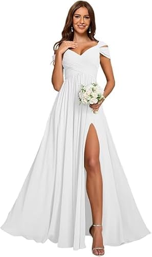 JIIL Lange Abendkleider,Damen Off Shoulder Chiffon Brautjungfernkleider Lang - Formeller A-Linie V-Ausschnitt Lang Abendkleider Elegant Hochzeit Schlitz Weiß 56 JIIL Lange Abendkleider,Damen Off Shoulder Chiffon Brautjungfernkleider Lang - Formeller A-Linie V-Ausschnitt Lang Abendkleider Elegant Hochzeit Schlitz Weiß 56 von JIIL