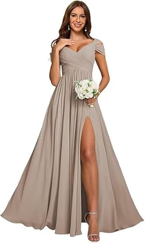 JIIL Lange Kleider Für Hochzeit,Damen Off Shoulder Chiffon Brautjungfernkleider Lang - Formeller A-Linie V-Ausschnitt Lang Abendkleider Elegant Hochzeit Schlitz Taupe 46 von JIIL