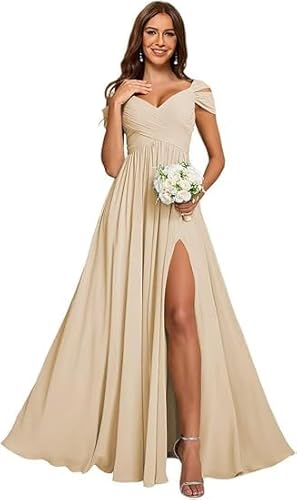 JIIL Langes Abendkleid,Damen Off Shoulder Chiffon Brautjungfernkleider Lang - Formeller A-Linie V-Ausschnitt Lang Abendkleider Elegant Hochzeit Schlitz Sekt 48 von JIIL