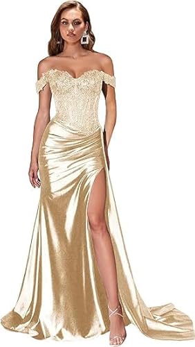 JIIL Maxikleid Hochzeitsgast,Damen Schulterfreies Abendkleider Glitzer Lang Satin Meerjungfrau Falte Brautjungfernkleid Formeller Hochzeit Kleid Sekt 42 von JIIL