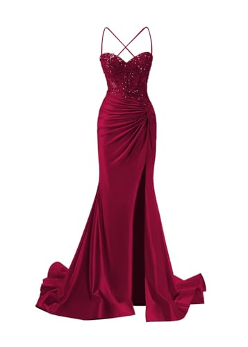 JIIL Meerjungfrau Abendkleid Damen Lang - Satin Spaghetti-Träger Brautjungfernkleider Spitze Ballkleid mit Schlitz Burgund 32 von JIIL