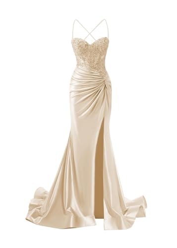 JIIL Meerjungfrau Abendkleid Damen Lang - Satin Spaghetti-Träger Brautjungfernkleider Spitze Ballkleid mit Schlitz Champagner 32 JIIL Meerjungfrau Abendkleid Damen Lang - Satin Spaghetti-Träger Brautjungfernkleider Spitze Ballkleid mit Schlitz Champagner 32 von JIIL