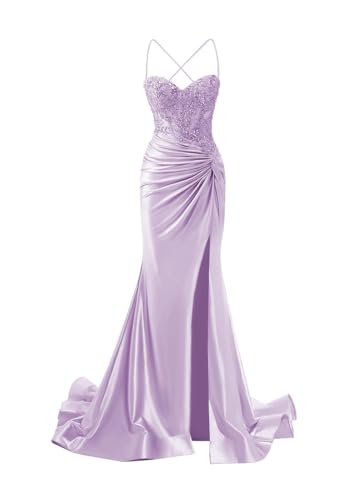 JIIL Meerjungfrau Abendkleid Damen Lang - Satin Spaghetti-Träger Brautjungfernkleider Spitze Ballkleid mit Schlitz Flieder 36 von JIIL