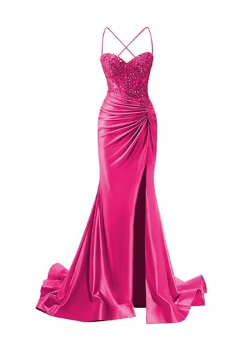JIIL Meerjungfrau Abendkleid Damen Lang - Satin Spaghetti-Träger Brautjungfernkleider Spitze Ballkleid mit Schlitz Fuchsie 32 von JIIL