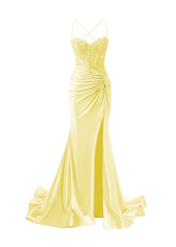 JIIL Meerjungfrau Abendkleid Damen Lang - Satin Spaghetti-Träger Brautjungfernkleider Spitze Ballkleid mit Schlitz Gelb 34 JIIL Meerjungfrau Abendkleid Damen Lang - Satin Spaghetti-Träger Brautjungfernkleider Spitze Ballkleid mit Schlitz Gelb 34 von JIIL