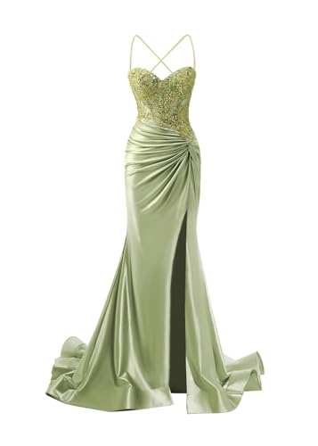 JIIL Meerjungfrau Abendkleid Damen Lang - Satin Spaghetti-Träger Brautjungfernkleider Spitze Ballkleid mit Schlitz Grasgrün 40 von JIIL