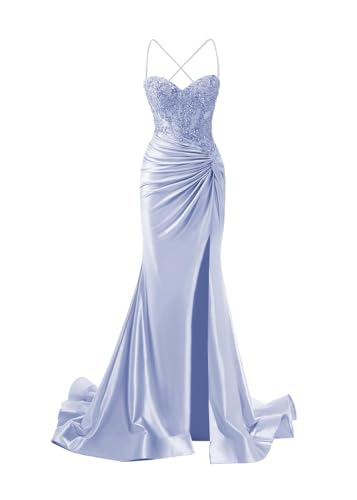 JIIL Meerjungfrau Abendkleid Damen Lang - Satin Spaghetti-Träger Brautjungfernkleider Spitze Ballkleid mit Schlitz Lavendel 32 von JIIL