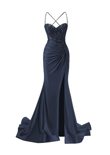 JIIL Meerjungfrau Abendkleid Damen Lang - Satin Spaghetti-Träger Brautjungfernkleider Spitze Ballkleid mit Schlitz Navy Blau 32 JIIL Meerjungfrau Abendkleid Damen Lang - Satin Spaghetti-Träger Brautjungfernkleider Spitze Ballkleid mit Schlitz Navy Blau 32 von JIIL