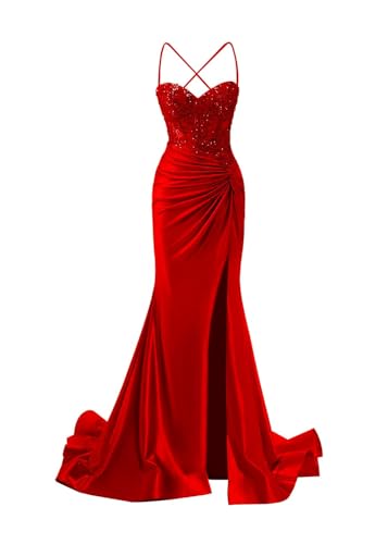 JIIL Meerjungfrau Abendkleid Damen Lang - Satin Spaghetti-Träger Brautjungfernkleider Spitze Ballkleid mit Schlitz Rot 32 von JIIL