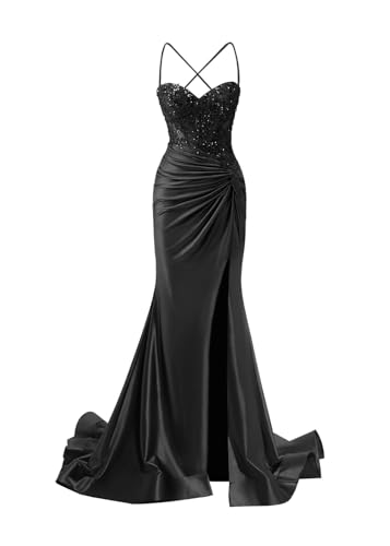 JIIL Meerjungfrau Abendkleid Damen Lang - Satin Spaghetti-Träger Brautjungfernkleider Spitze Ballkleid mit Schlitz Schwarz 38 von JIIL