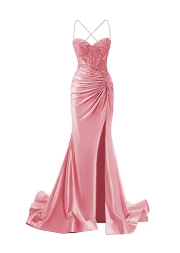 JIIL Meerjungfrau Abendkleid Damen Lang - Satin Spaghetti-Träger Brautjungfernkleider Spitze Ballkleid mit Schlitz Staubige Rose 34 JIIL Meerjungfrau Abendkleid Damen Lang - Satin Spaghetti-Träger Brautjungfernkleider Spitze Ballkleid mit Schlitz Staubige Rose 34 von JIIL
