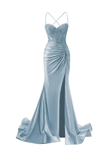 JIIL Meerjungfrau Abendkleid Damen Lang - Satin Spaghetti-Träger Brautjungfernkleider Spitze Ballkleid mit Schlitz Staubiges Blau 34 von JIIL