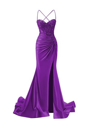 JIIL Meerjungfrau Abendkleid Damen Lang - Satin Spaghetti-Träger Brautjungfernkleider Spitze Ballkleid mit Schlitz Violett 32 JIIL Meerjungfrau Abendkleid Damen Lang - Satin Spaghetti-Träger Brautjungfernkleider Spitze Ballkleid mit Schlitz Violett 32 von JIIL