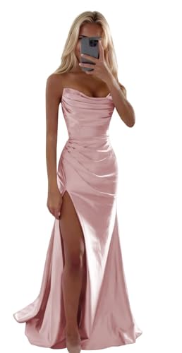 JIIL Meerjungfrau Abendkleid Damen Lang - Trägerlose Satin Ballkleider mit Schlitz Lang Brautjungfernkleider Staubige Rose 40 JIIL Meerjungfrau Abendkleid Damen Lang - Trägerlose Satin Ballkleider mit Schlitz Lang Brautjungfernkleider Staubige Rose 40 von JIIL
