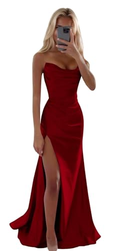 JIIL Meerjungfrau Abendkleid Damen Lang - Trägerlose Satin Ballkleider mit Schlitz Lang Brautjungfernkleider Weinrot 32 von JIIL