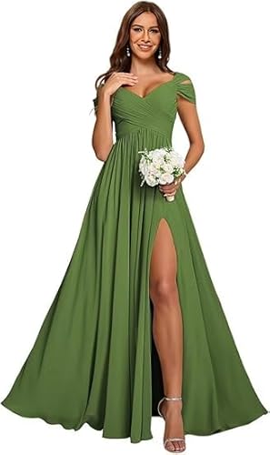 JIIL Meerjungfrau Kleid,Damen Off Shoulder Chiffon Brautjungfernkleider Lang - Formeller A-Linie V-Ausschnitt Lang Abendkleider Elegant Hochzeit Schlitz Olive 42 von JIIL