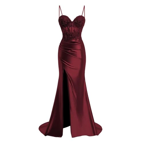 JIIL Meerjungfrau Satin Abendkleid Lang - Spaghetti-Träger Brautjungfernkleider Spitze Ballkleid mit Schlitz Burgund 32 von JIIL