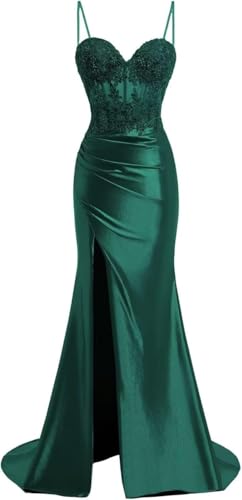 JIIL Meerjungfrau Satin Abendkleid Lang - Spaghetti-Träger Brautjungfernkleider Spitze Ballkleid mit Schlitz Dunkelgrün 38 JIIL Meerjungfrau Satin Abendkleid Lang - Spaghetti-Träger Brautjungfernkleider Spitze Ballkleid mit Schlitz Dunkelgrün 38 von JIIL