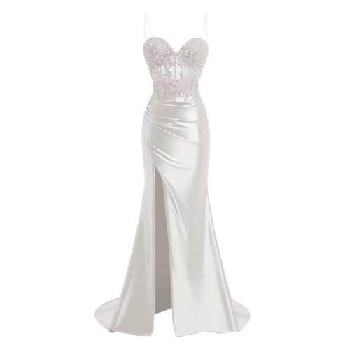 JIIL Meerjungfrau Satin Abendkleid Lang - Spaghetti-Träger Brautjungfernkleider Spitze Ballkleid mit Schlitz Elfenbein 42 von JIIL