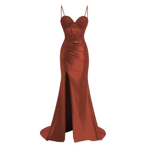 JIIL Meerjungfrau Satin Abendkleid Lang - Spaghetti-Träger Brautjungfernkleider Spitze Ballkleid mit Schlitz Gebrannte Orange 36 JIIL Meerjungfrau Satin Abendkleid Lang - Spaghetti-Träger Brautjungfernkleider Spitze Ballkleid mit Schlitz Gebrannte Orange 36 von JIIL