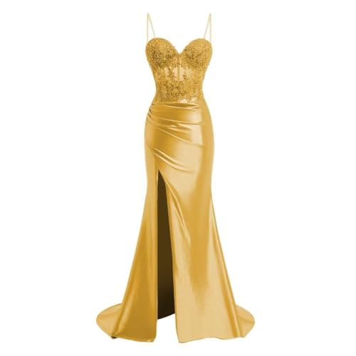 JIIL Meerjungfrau Satin Abendkleid Lang - Spaghetti-Träger Brautjungfernkleider Spitze Ballkleid mit Schlitz Gold 38 JIIL Meerjungfrau Satin Abendkleid Lang - Spaghetti-Träger Brautjungfernkleider Spitze Ballkleid mit Schlitz Gold 38 von JIIL