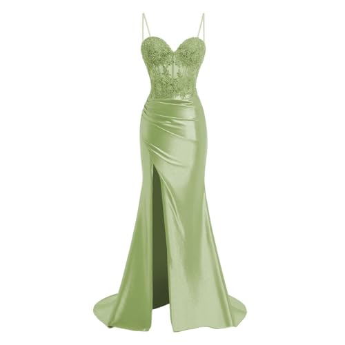 JIIL Meerjungfrau Satin Abendkleid Lang - Spaghetti-Träger Brautjungfernkleider Spitze Ballkleid mit Schlitz Grasgrün 34 von JIIL