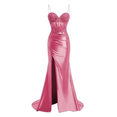 JIIL Meerjungfrau Satin Abendkleid Lang - Spaghetti-Träger Brautjungfernkleider Spitze Ballkleid mit Schlitz Koralle 36 von JIIL