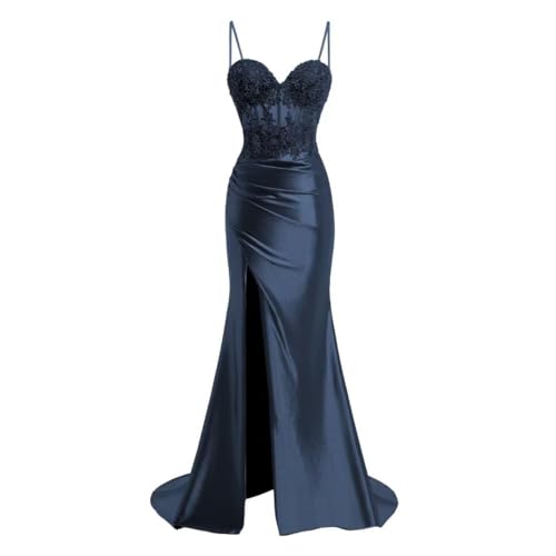 JIIL Meerjungfrau Satin Abendkleid Lang - Spaghetti-Träger Brautjungfernkleider Spitze Ballkleid mit Schlitz Navy Blau 34 von JIIL