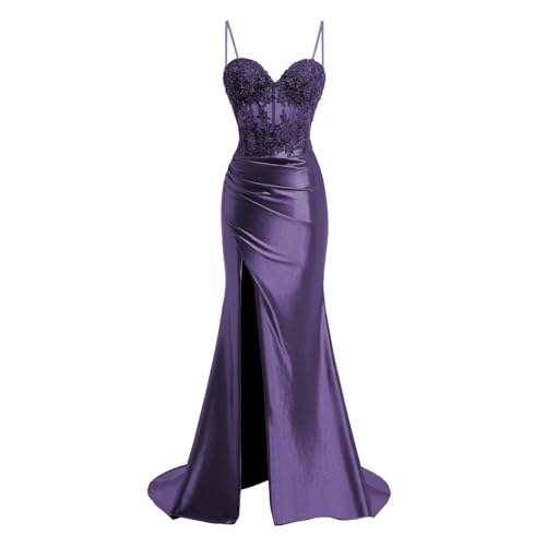 JIIL Meerjungfrau Satin Abendkleid Lang - Spaghetti-Träger Brautjungfernkleider Spitze Ballkleid mit Schlitz Pflaume 32 JIIL Meerjungfrau Satin Abendkleid Lang - Spaghetti-Träger Brautjungfernkleider Spitze Ballkleid mit Schlitz Pflaume 32 von JIIL