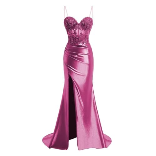 JIIL Meerjungfrau Satin Abendkleid Lang - Spaghetti-Träger Brautjungfernkleider Spitze Ballkleid mit Schlitz Rosarot 38 JIIL Meerjungfrau Satin Abendkleid Lang - Spaghetti-Träger Brautjungfernkleider Spitze Ballkleid mit Schlitz Rosarot 38 von JIIL