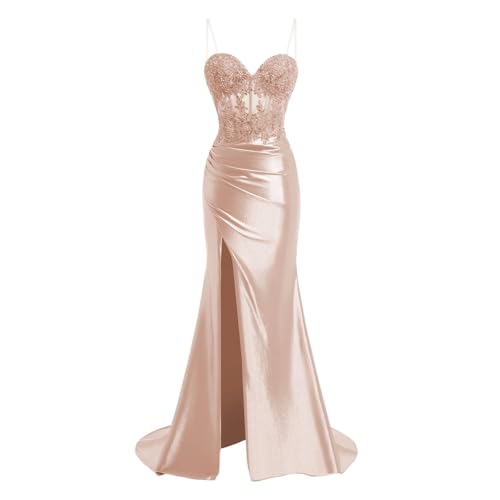 JIIL Meerjungfrau Satin Abendkleid Lang - Spaghetti-Träger Brautjungfernkleider Spitze Ballkleid mit Schlitz Roségold 34 JIIL Meerjungfrau Satin Abendkleid Lang - Spaghetti-Träger Brautjungfernkleider Spitze Ballkleid mit Schlitz Roségold 34 von JIIL