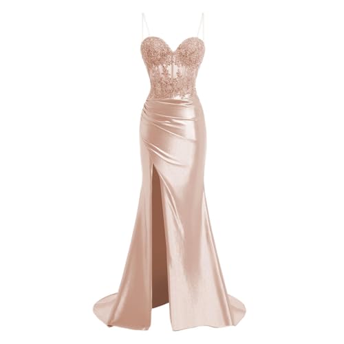JIIL Meerjungfrau Satin Abendkleid Lang - Spaghetti-Träger Brautjungfernkleider Spitze Ballkleid mit Schlitz Roségold 40 JIIL Meerjungfrau Satin Abendkleid Lang - Spaghetti-Träger Brautjungfernkleider Spitze Ballkleid mit Schlitz Roségold 40 von JIIL