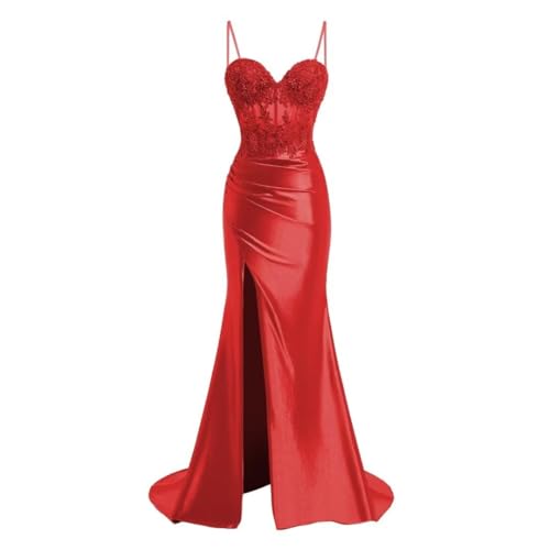 JIIL Meerjungfrau Satin Abendkleid Lang - Spaghetti-Träger Brautjungfernkleider Spitze Ballkleid mit Schlitz Rot 34 von JIIL