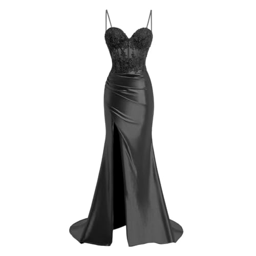 JIIL Meerjungfrau Satin Abendkleid Lang - Spaghetti-Träger Brautjungfernkleider Spitze Ballkleid mit Schlitz Schwarz 40 von JIIL