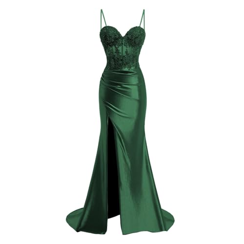 JIIL Meerjungfrau Satin Abendkleid Lang - Spaghetti-Träger Brautjungfernkleider Spitze Ballkleid mit Schlitz Smaragdgrün 36 JIIL Meerjungfrau Satin Abendkleid Lang - Spaghetti-Träger Brautjungfernkleider Spitze Ballkleid mit Schlitz Smaragdgrün 36 von JIIL