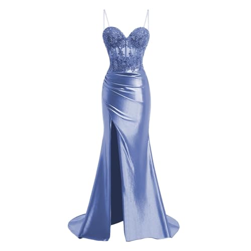 JIIL Meerjungfrau Satin Abendkleid Lang - Spaghetti-Träger Brautjungfernkleider Spitze Ballkleid mit Schlitz Stahlblau 36 von JIIL