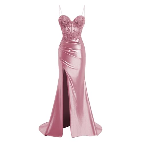 JIIL Meerjungfrau Satin Abendkleid Lang - Spaghetti-Träger Brautjungfernkleider Spitze Ballkleid mit Schlitz Staubige Rose 38 von JIIL