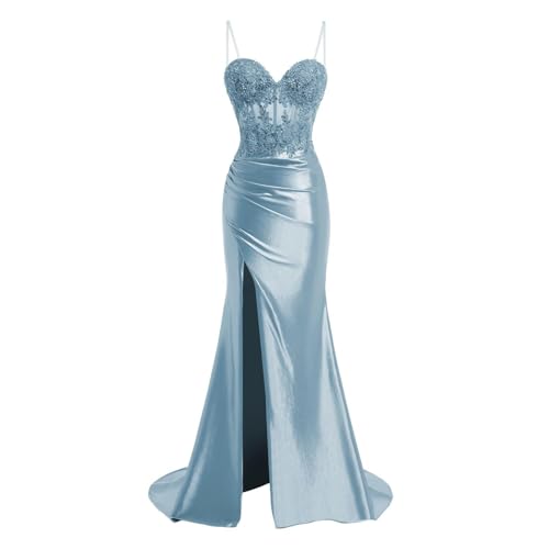 JIIL Meerjungfrau Satin Abendkleid Lang - Spaghetti-Träger Brautjungfernkleider Spitze Ballkleid mit Schlitz Staubiges Blau 46 von JIIL