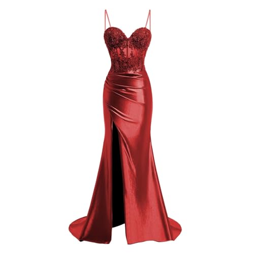 JIIL Meerjungfrau Satin Abendkleid Lang - Spaghetti-Träger Brautjungfernkleider Spitze Ballkleid mit Schlitz Weinrot 36 von JIIL