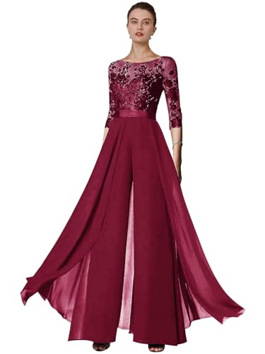 JIIL Mutter der Braut Hosenanzüge für Hochzeit Spitze Applikationen Hochzeit Abend Jumpsuit 3/4 Ärmel Burgund 42 JIIL Mutter der Braut Hosenanzüge für Hochzeit Spitze Applikationen Hochzeit Abend Jumpsuit 3/4 Ärmel Burgund 42 von JIIL