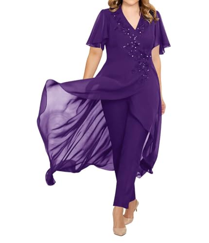 JIIL Mutter der Braut Hosenanzug für Hochzeit Zweiteilig Chiffon Mutter des Bräutigams Kleid Dunkel-Violet 50 von JIIL