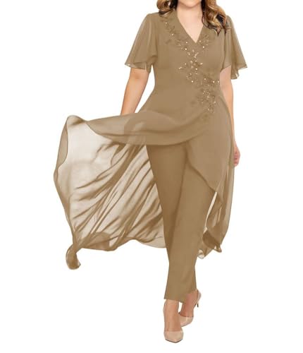 JIIL Mutter der Braut Hosenanzug für Hochzeit Zweiteilig Chiffon Mutter des Bräutigams Kleid Taupe 50 von JIIL