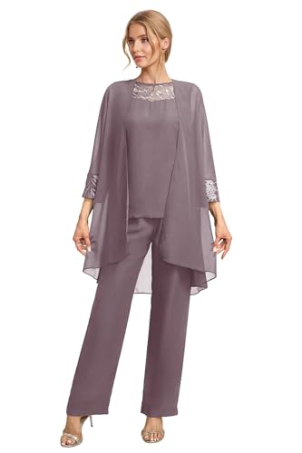 JIIL Mutter der Braut Hosenanzug mit Jacke 3-teilig Langarm Chiffon Brautmutter Anzug für Hochzeit Mauve 46 von JIIL