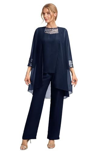 JIIL Mutter der Braut Hosenanzug mit Jacke 3-teilig Langarm Chiffon Brautmutter Anzug für Hochzeit Navy Blau 42 von JIIL