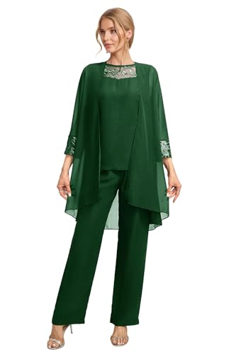 JIIL Mutter der Braut Hosenanzug mit Jacke 3-teilig Langarm Chiffon Brautmutter Anzug für Hochzeit Smaragdgrün 54 von JIIL
