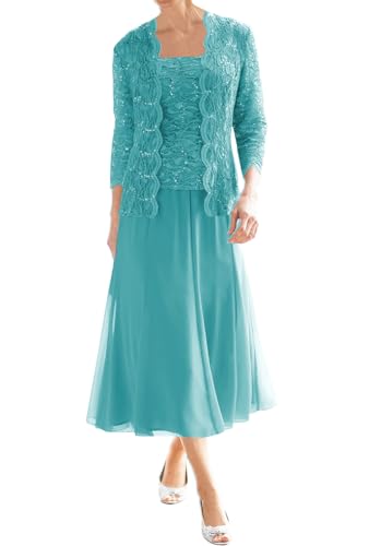 JIIL 2 Teilig Mutter der Braut Kleid - Teelange Hochzeitsgast Kleid mit Jacke Große Größen für Mollige Jade 48 von JIIL
